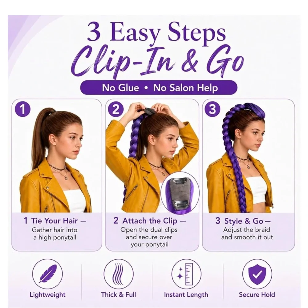 26” Purple Long Braided Clip-In Ponytail Extension
